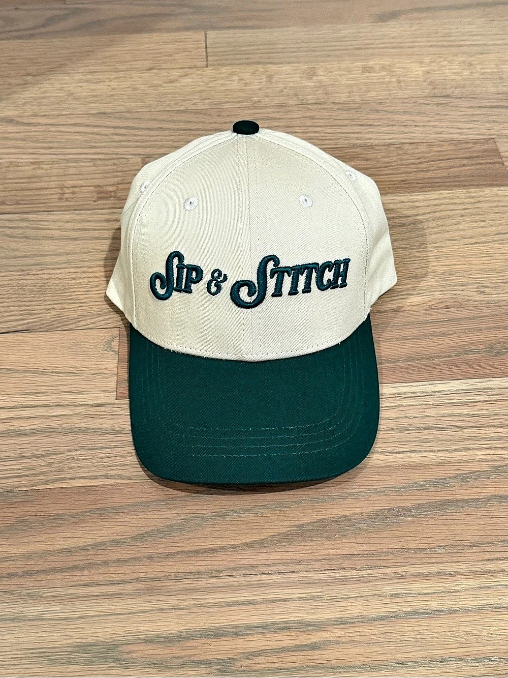 NWOT Morgan Julia Designs Embroidered “Sip & Stitch” Hat, Cream & Green